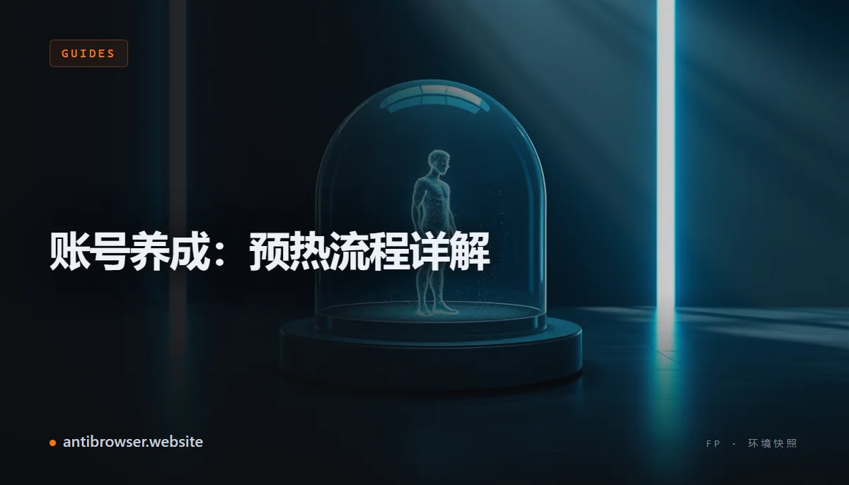指纹浏览器控制台中展示处于不同预热阶段的多个浏览器配置文件，每个配置文件均分配了独立代理，并显示社交媒体活动时间线