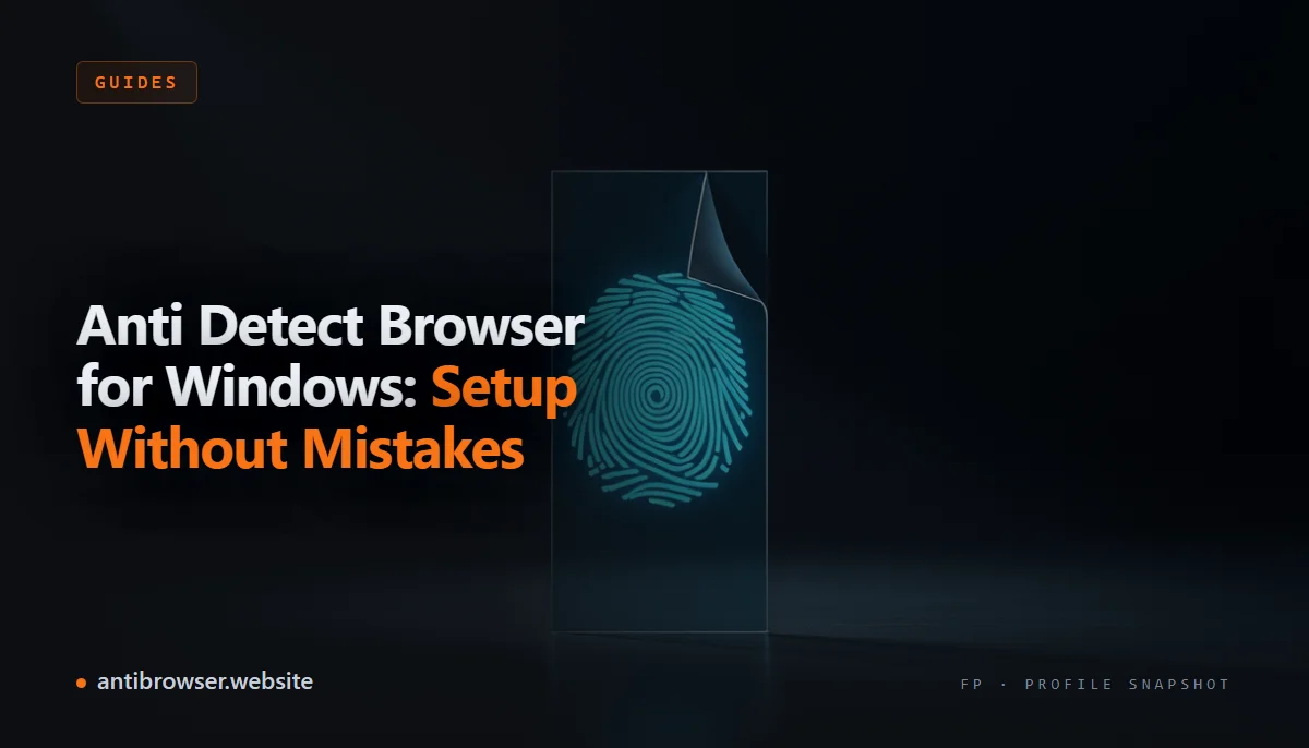 Antidetect browser running on Windows 11 — profile creation panel displaying fingerprint configuration fields: user-agent, timezone, WebGL renderer, screen resolution, and proxy assignment