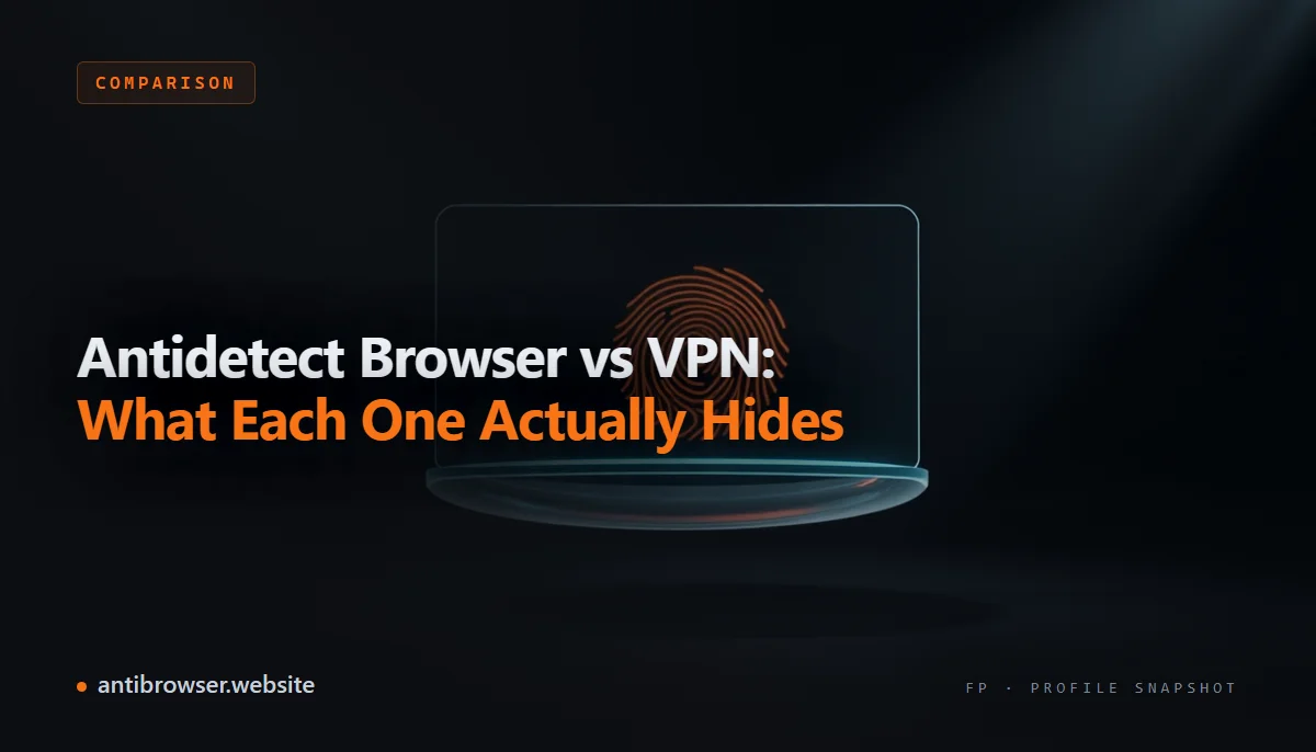 Split-screen diagram showing a VPN tunnel replacing an IP address on the left and an antidetect browser substituting canvas, WebGL, and font fingerprint values per profile on the right