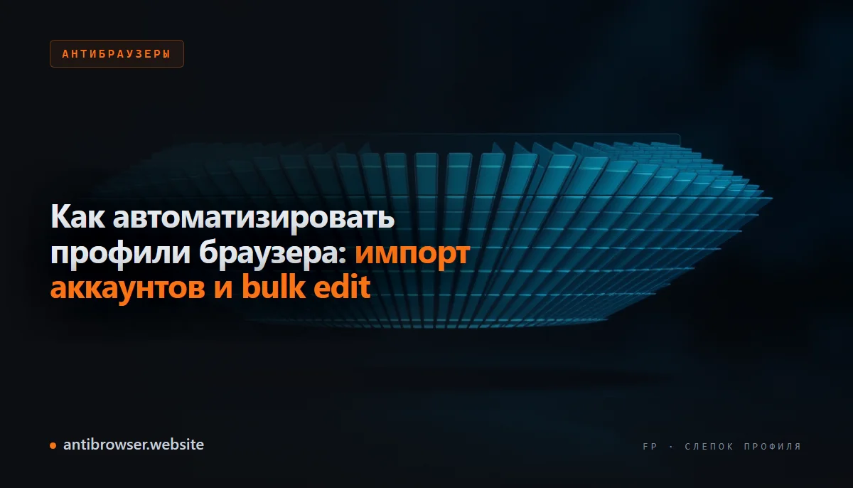 Список профилей браузера с выбранной группой для bulk edit и окном импорта аккаунтов