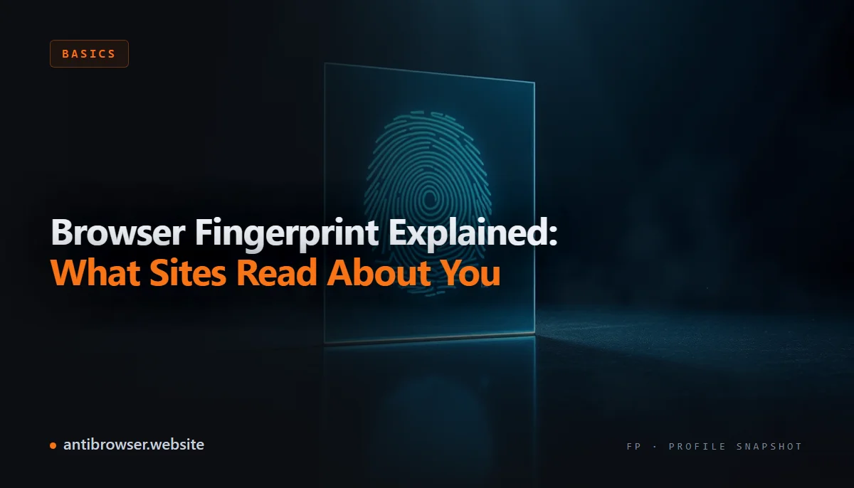 Visualization of browser fingerprinting signals — canvas hash, WebGL renderer, installed fonts, screen resolution, and timezone — converging into a unique device identifier