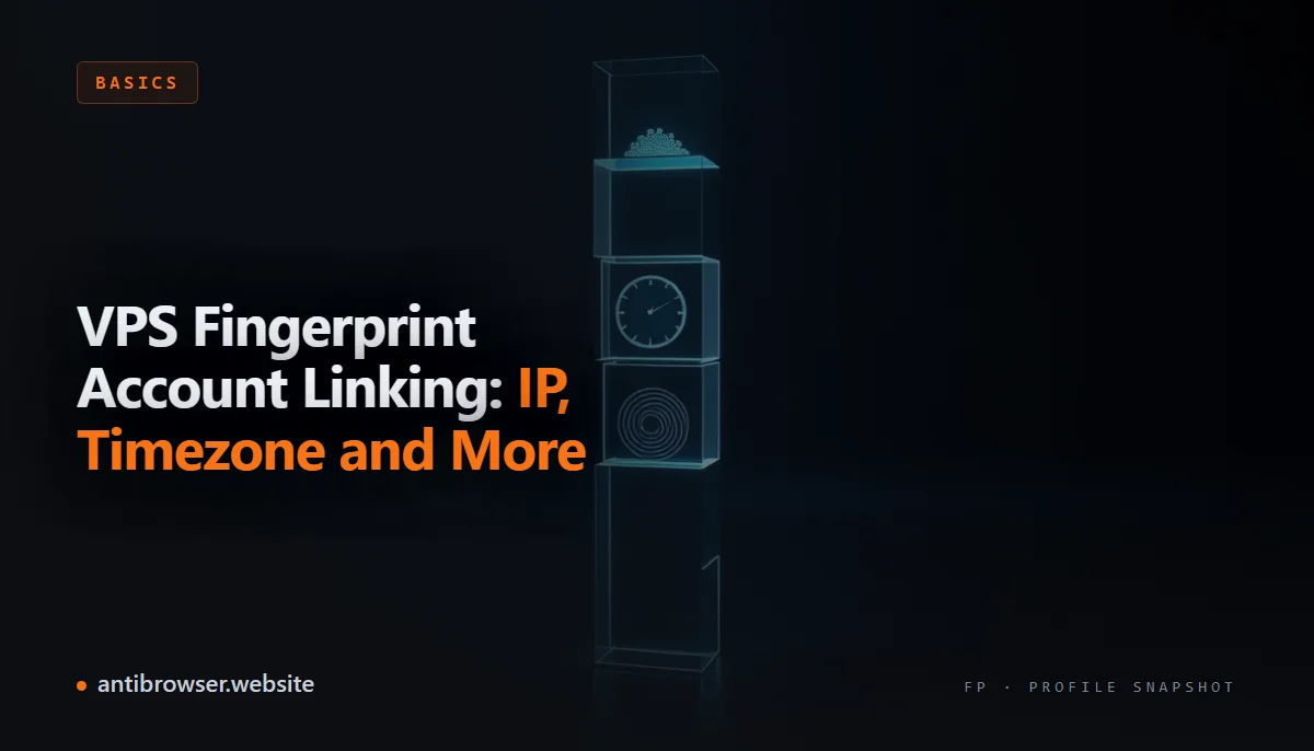 VPS dashboard beside an antidetect browser profile showing IP, timezone, and fingerprint settings