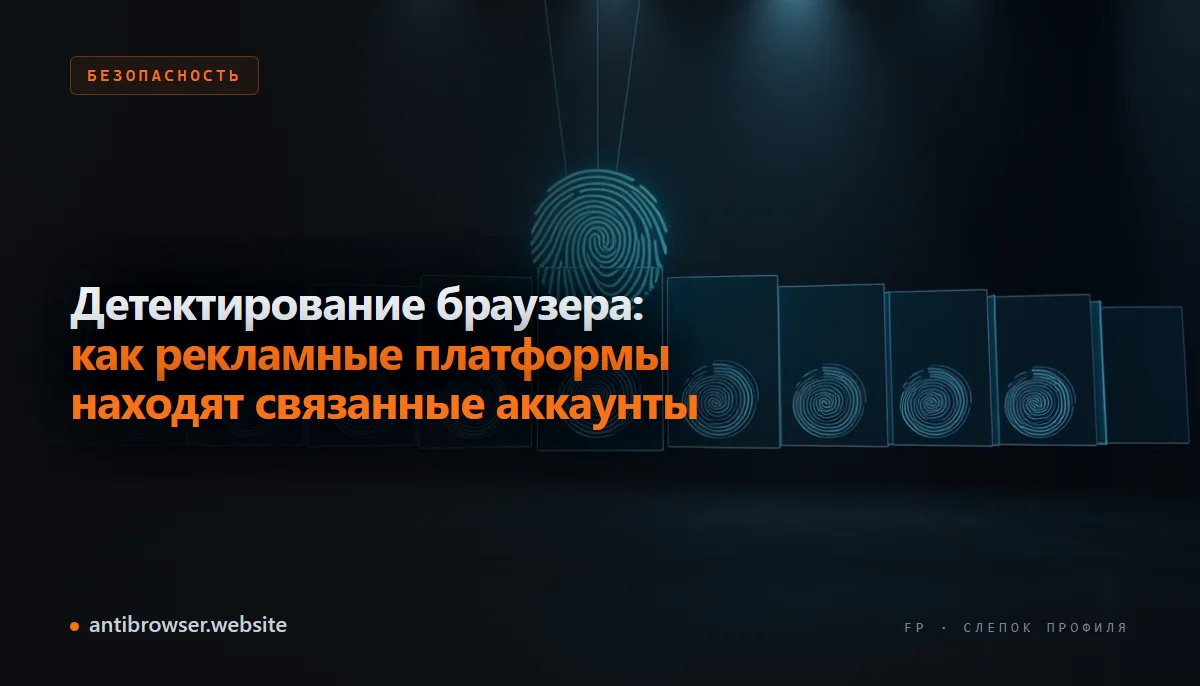 Схема сбора отпечатка браузера: canvas, WebGL, шрифты, User-Agent, часовой пояс и IP складываются в единый профиль устройства