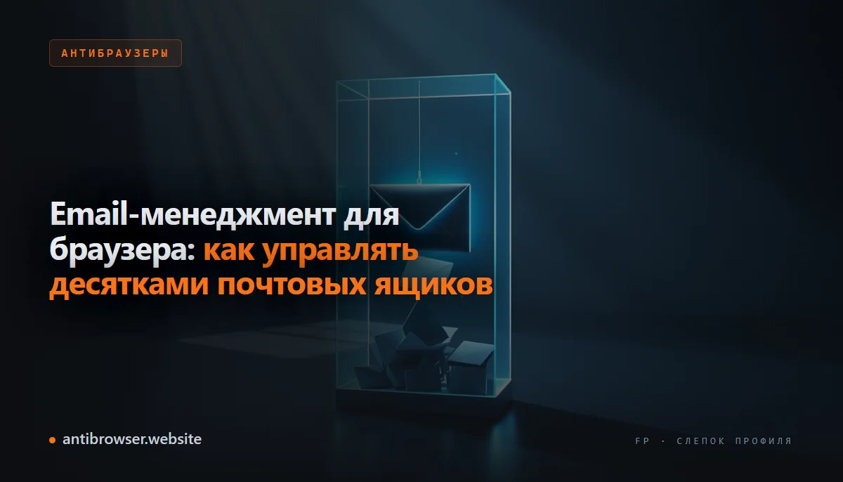Интерфейс антидетект-браузера с таблицей профилей и привязанными почтовыми ящиками: у каждого профиля свой email, статус прогрева и дата создания