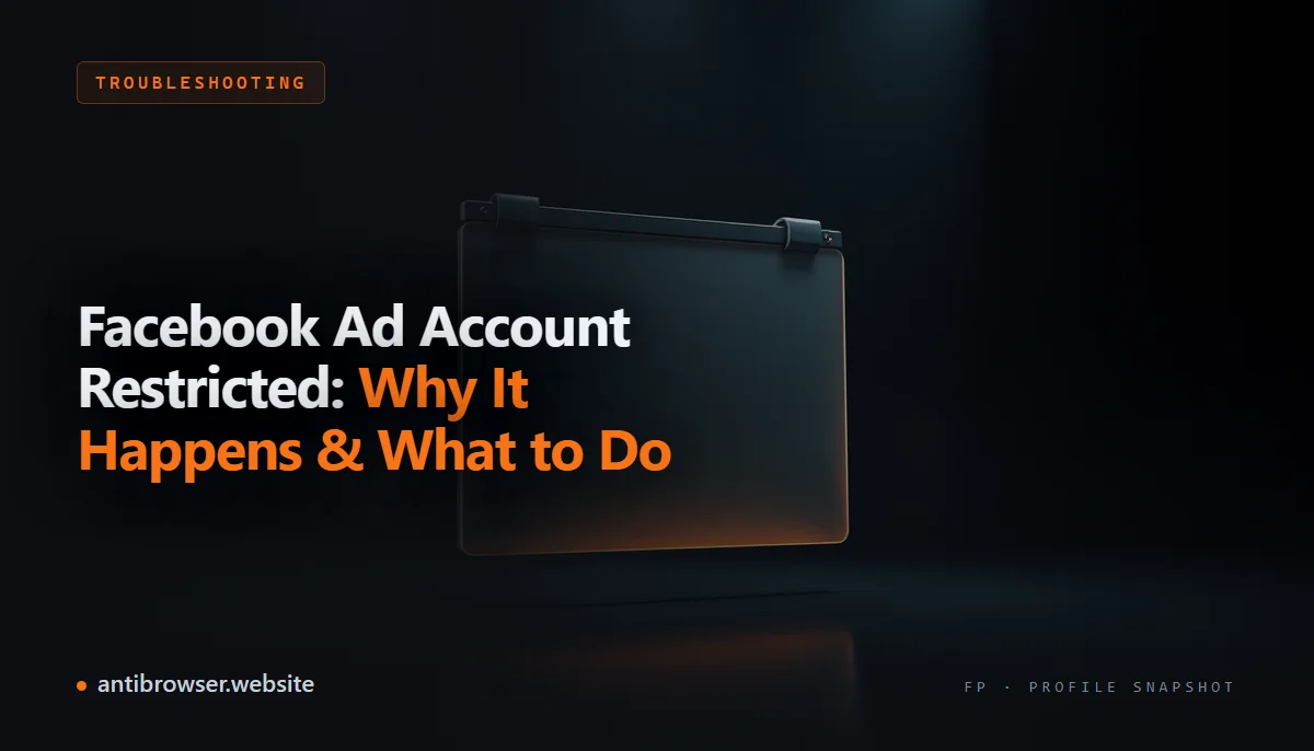 Screenshot of Facebook Ads Manager showing the 'Your account has been restricted from advertising' banner alongside the Account Quality dashboard