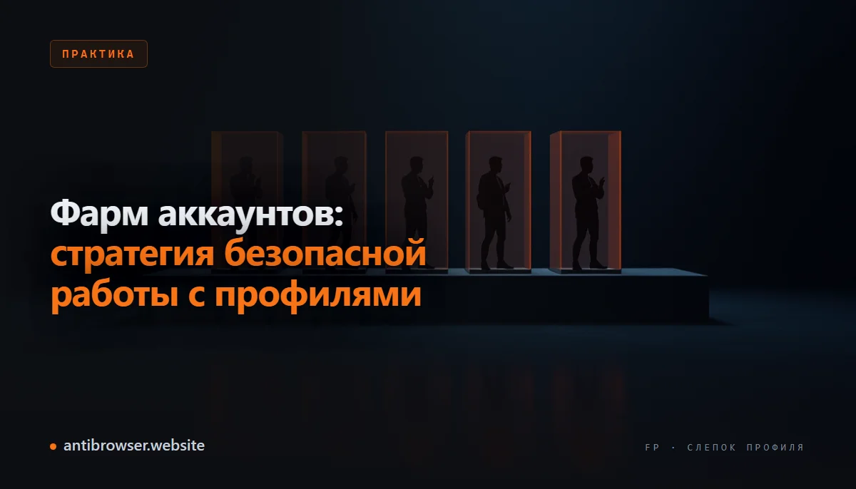 Схема фарма аккаунтов: несколько изолированных профилей в антидетект-браузере с разными прокси, отпечатками и геолокациями