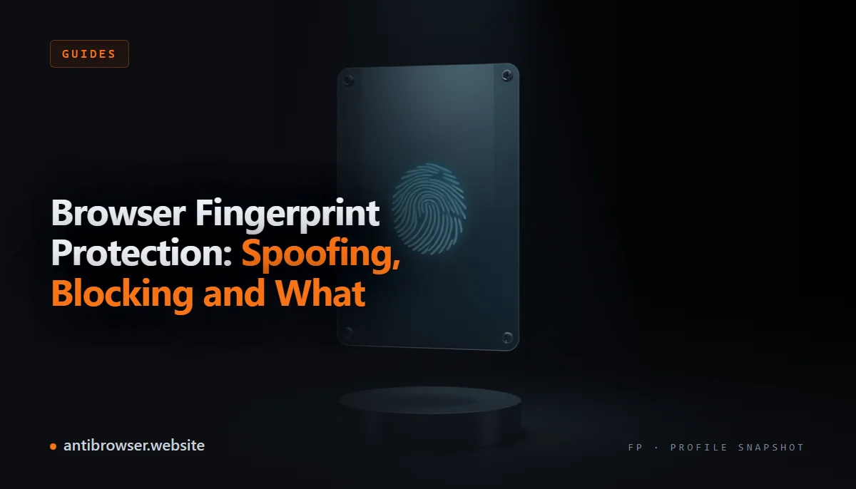 Diagram showing browser fingerprint signals — canvas hash, installed fonts, screen resolution, WebGL renderer — with layered shield icons representing spoofing and blocking protection approaches