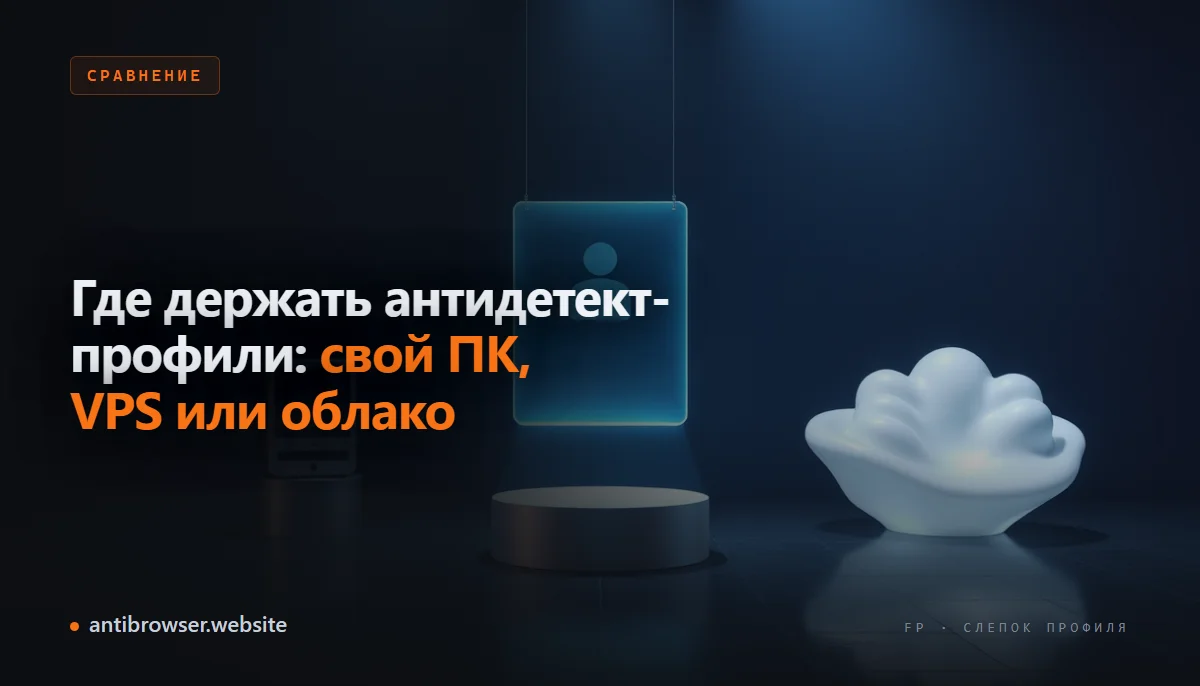 Три варианта размещения антидетект-профилей: локальный компьютер, арендованный VPS-сервер и облачный профиль провайдера