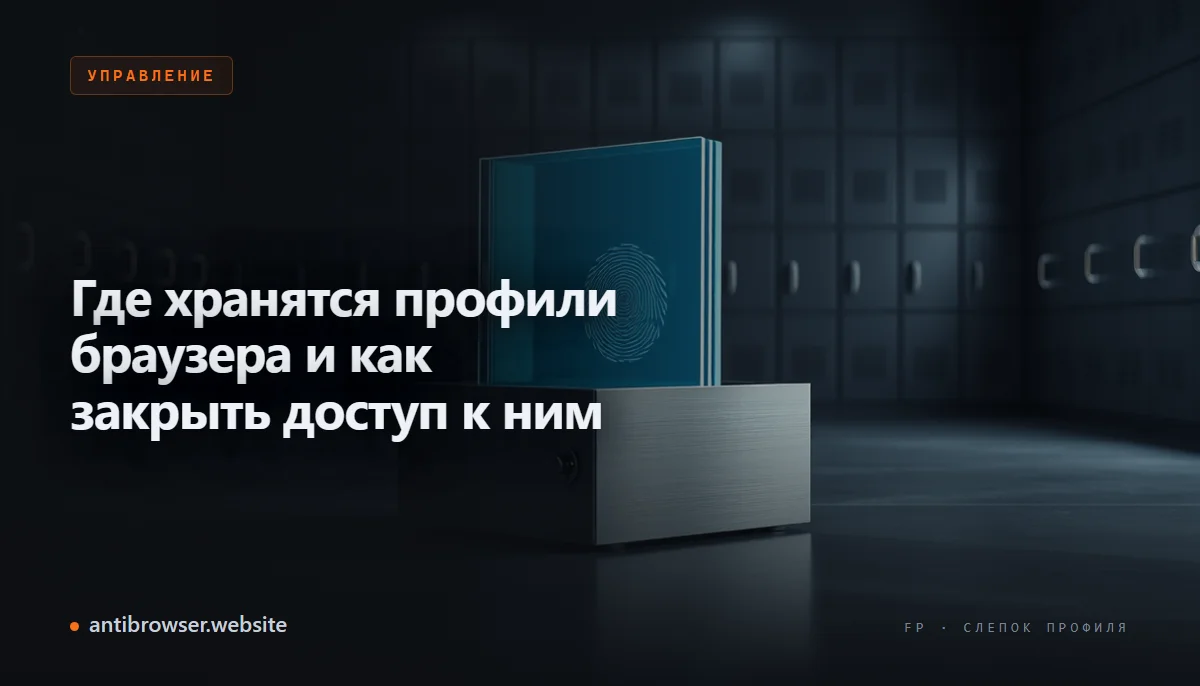Схема хранения профиля антидетект-браузера: локальная папка с cookies и fingerprint, облачный сервер, шифрование и мастер-пароль