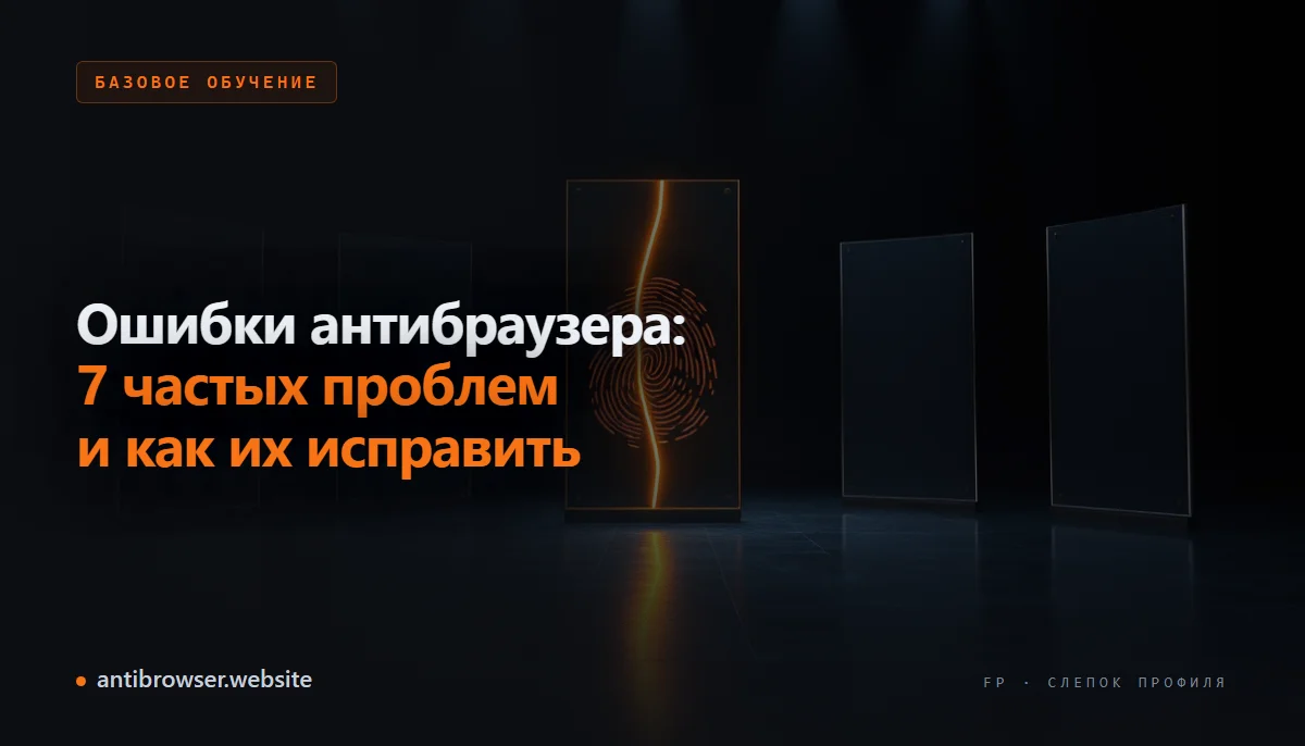 Схема типичных ошибок при работе с антидетект-браузером: некорректный прокси, конфликт отпечатков, смешанные профили