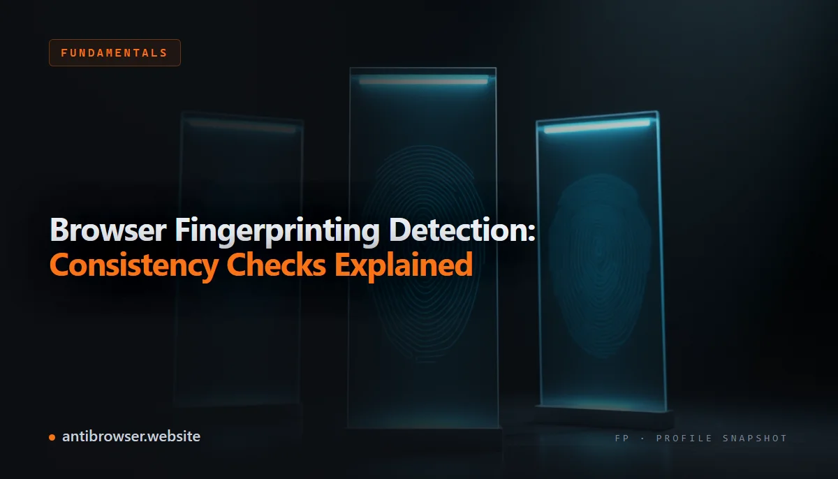 A diagram of browser fingerprint consistency checks across device, network, and geolocation signals