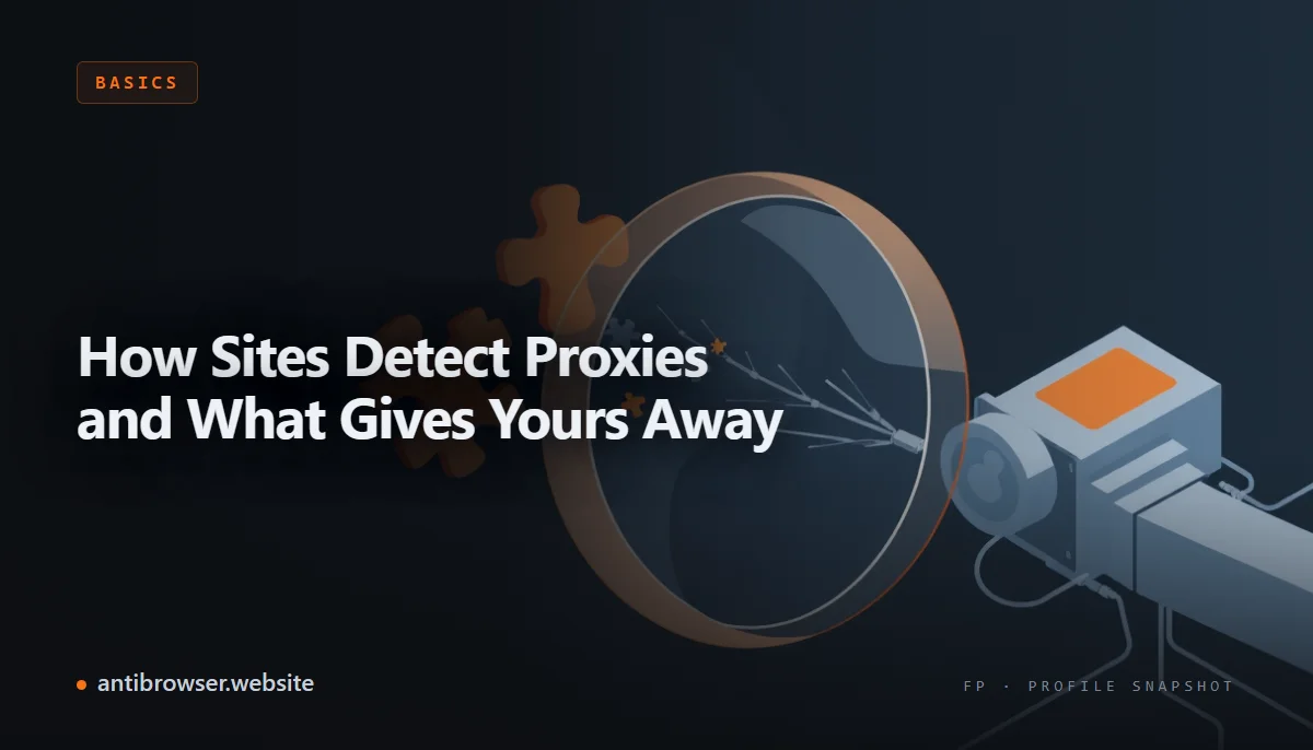 Layered diagram showing how a website identifies proxy traffic — IP reputation lookup, WebRTC leak, DNS resolver check, and HTTP header analysis stacked as detection gates
