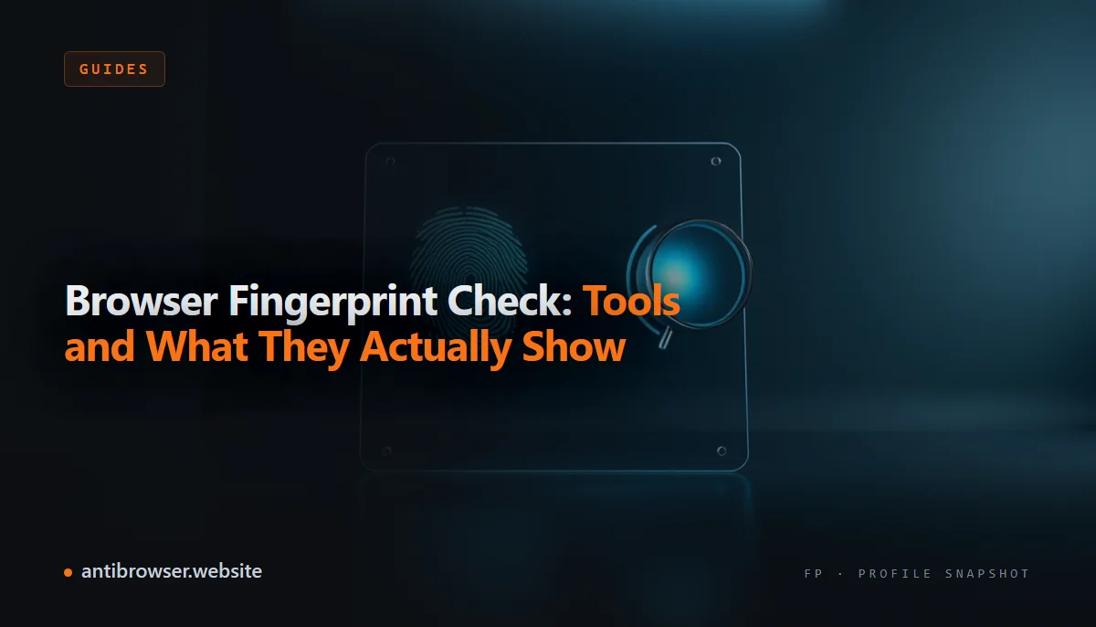 A browser fingerprint check results page showing canvas hash, WebGL renderer string, and installed fonts list in a privacy testing tool dashboard