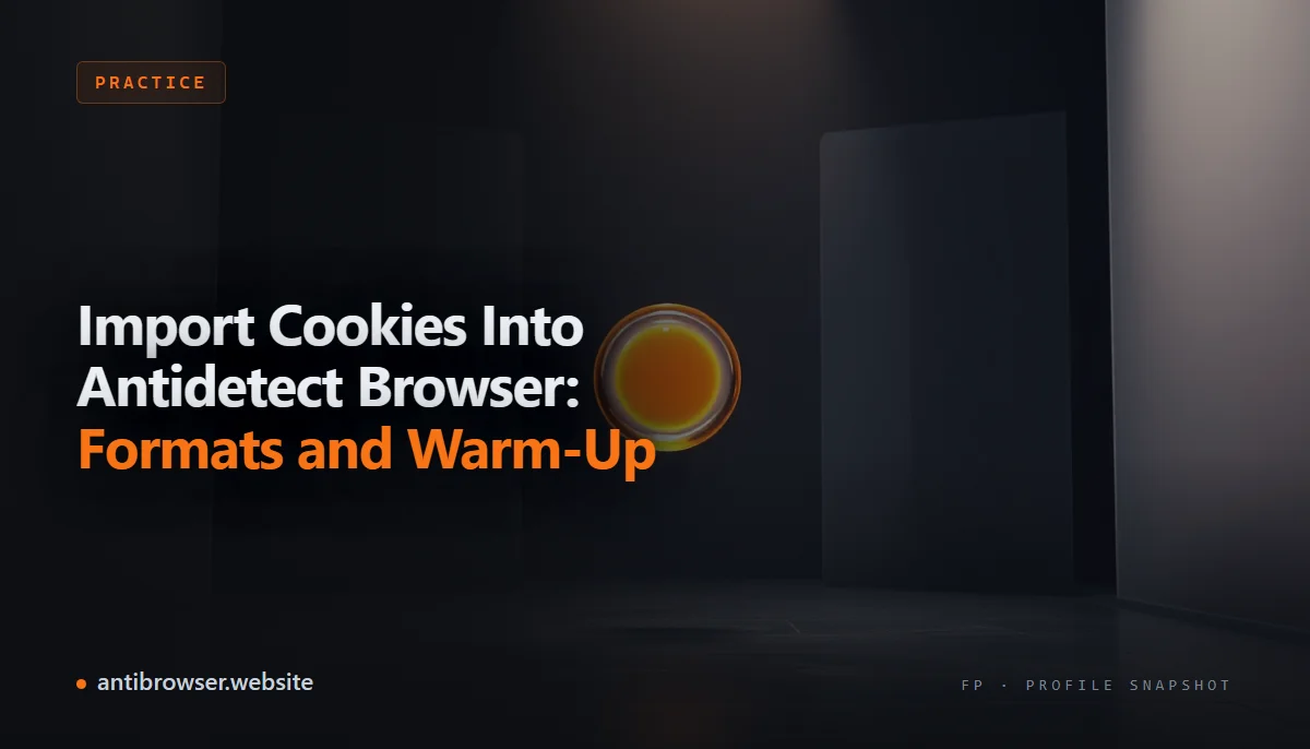 Antidetect browser profile editor showing a cookie import field with a JSON cookie file open in a text editor alongside it, proxy and fingerprint settings visible in the background