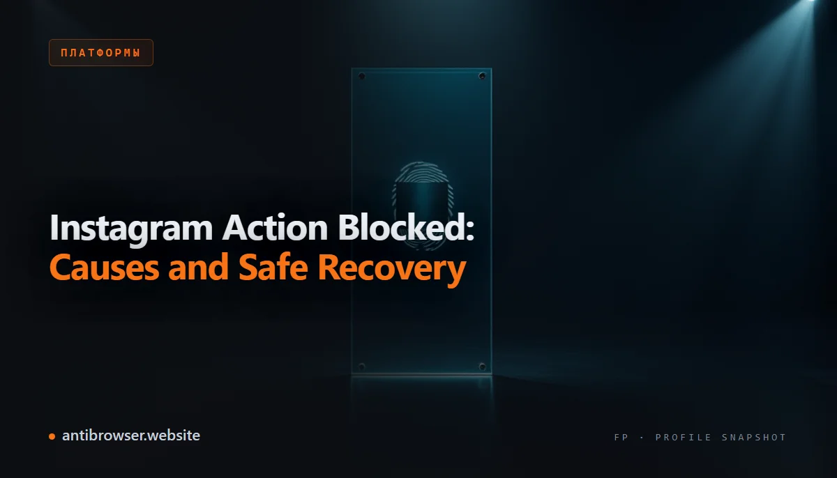 Instagram action blocked message on a phone beside separate antidetect browser profiles for account management