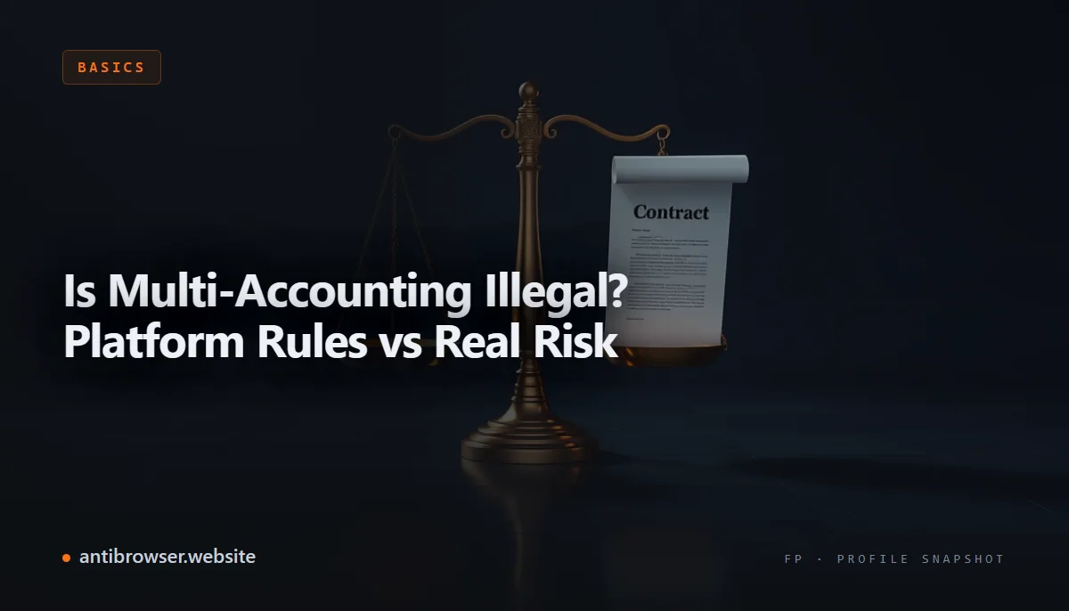 Split screen showing a legal statute document on the left and a platform account termination notice on the right, illustrating the gap between criminal law and terms of service risk in multi-accounting
