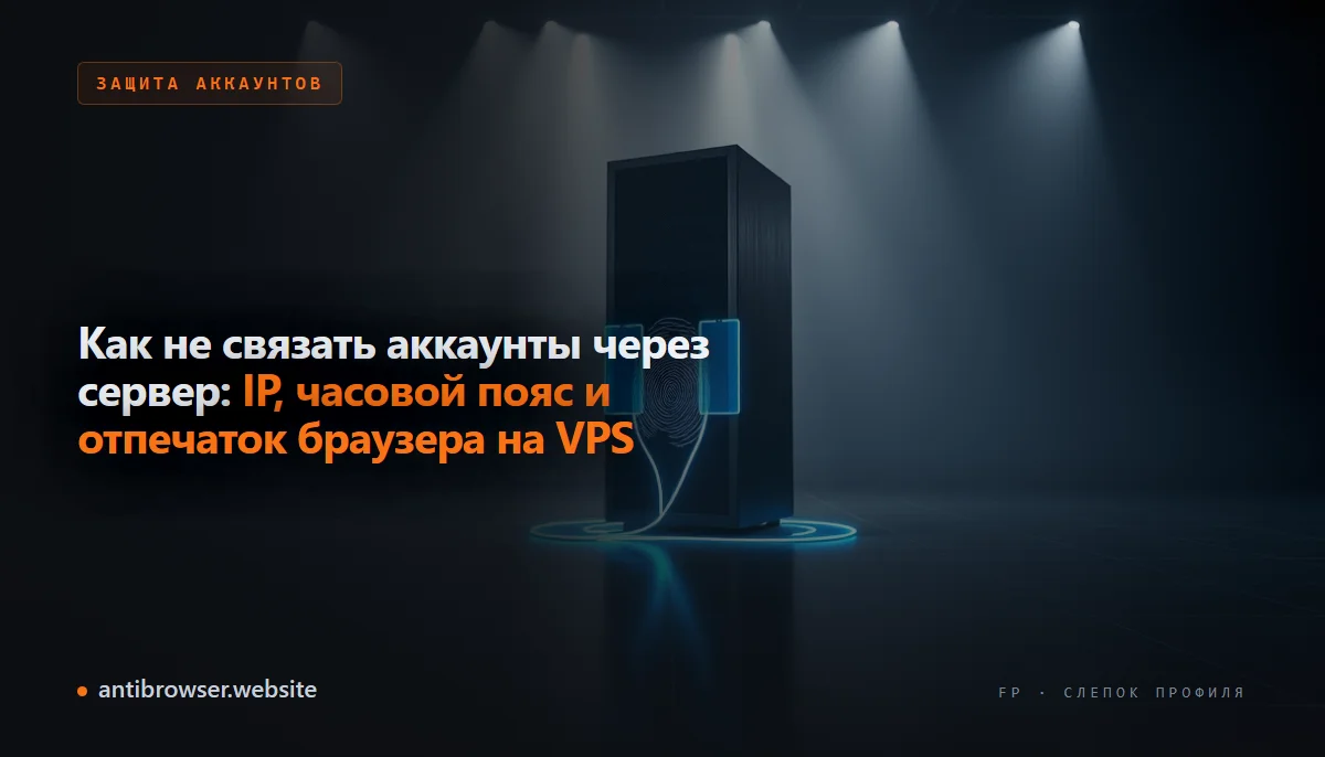 Схема связки аккаунтов через VPS: IP дата-центра, системные часы и отпечаток браузера указывают на один сервер, поверх — настройки антидетект-профиля