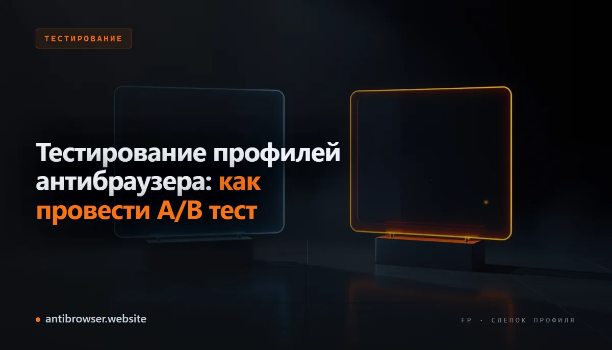 Схема A/B теста с двумя изолированными профилями антибраузера: разные прокси, разные отпечатки, единственная тестируемая переменная