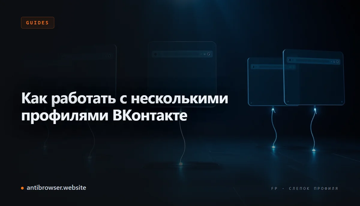 Несколько профилей ВКонтакте открыты в антидетект-браузере: каждый аккаунт в изолированной вкладке с отдельным прокси и уникальным fingerprint