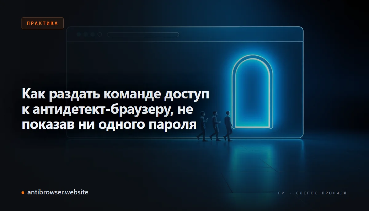 Схема рабочего пространства антидетект-браузера: админ, тимлид и баер получают разные роли доступа к общим профилям без передачи паролей