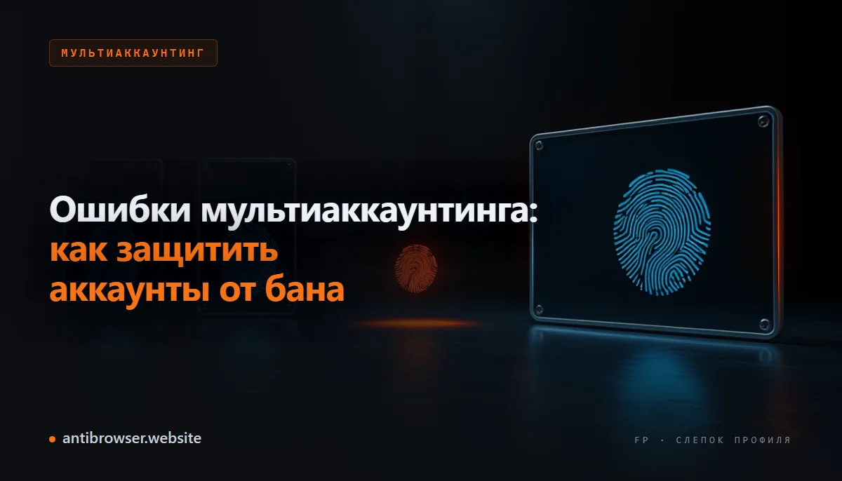 Схема типичных ошибок мультиаккаунтинга: один IP на все аккаунты, одинаковые отпечатки браузера и перекрёстные куки приводят к блокировке