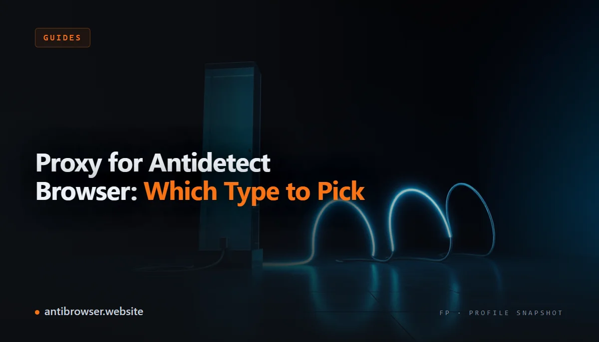 Antidetect browser profile settings panel showing proxy configuration fields — SOCKS5 protocol, host, port, username, and password — with three proxy type icons: residential, mobile, and datacenter