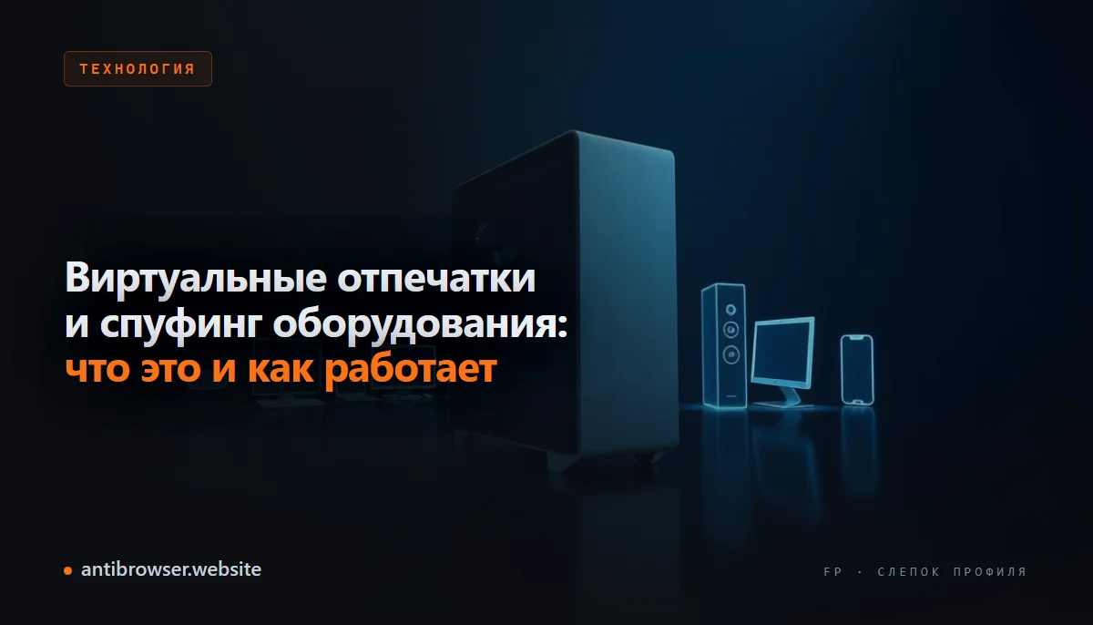 Схема подмены отпечатка оборудования: реальные параметры GPU, CPU и памяти заменяются виртуальными значениями в профиле антидетект-браузера