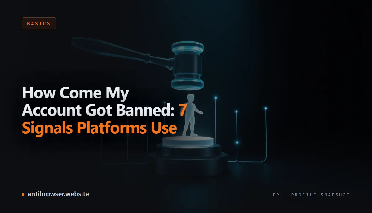 Seven data signals diagram — IP address, browser fingerprint, cookies, device identifiers, behavioral patterns, payment data, and account graph — connecting two browser profiles to a single banned identity