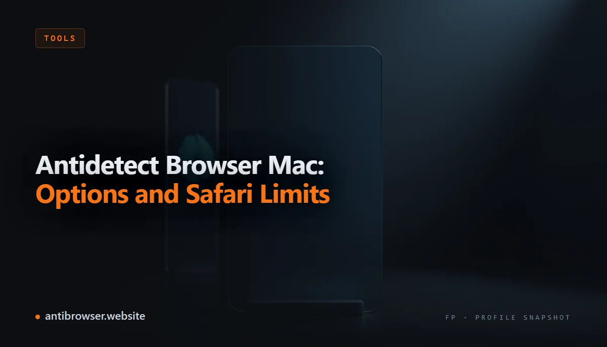Antidetect browser profiles and Safari window shown on a MacBook with Apple Silicon