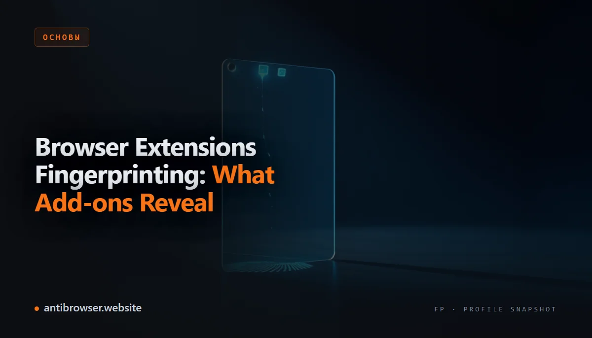 Browser extension icons and fingerprint signals shown inside separate antidetect browser profiles