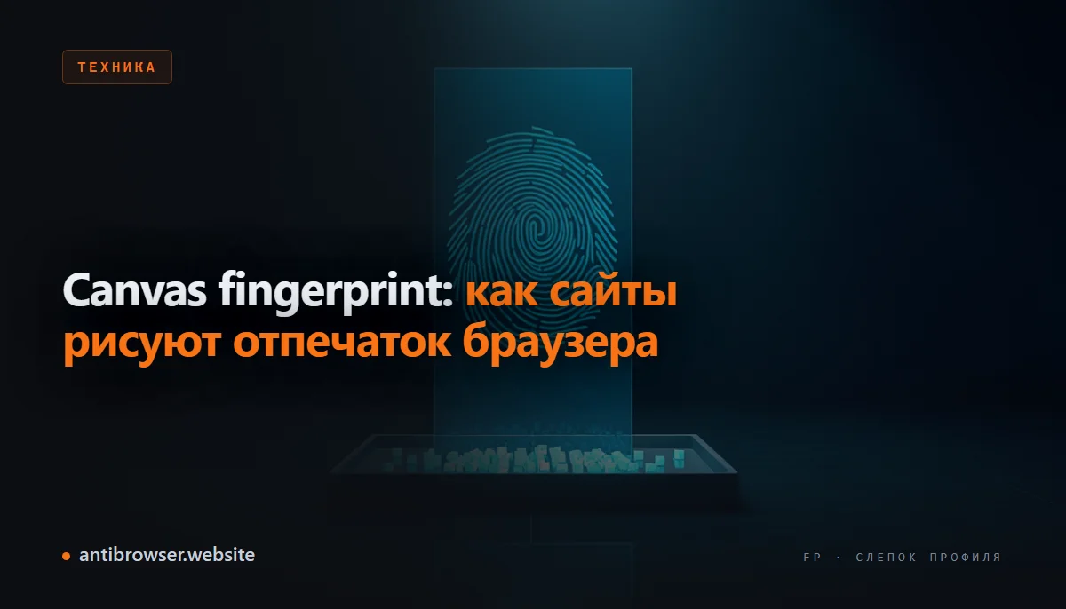 Схема canvas fingerprint: браузер рендерит скрытый текст на холсте, сайт считывает пиксели и формирует уникальный хэш устройства