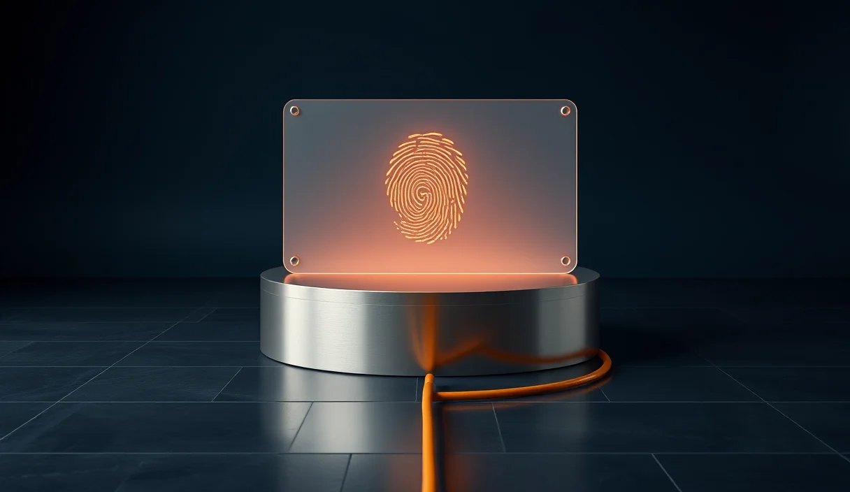 A single glass browser panel with an amber fingerprint seal, bound to one unbroken glowing cable.