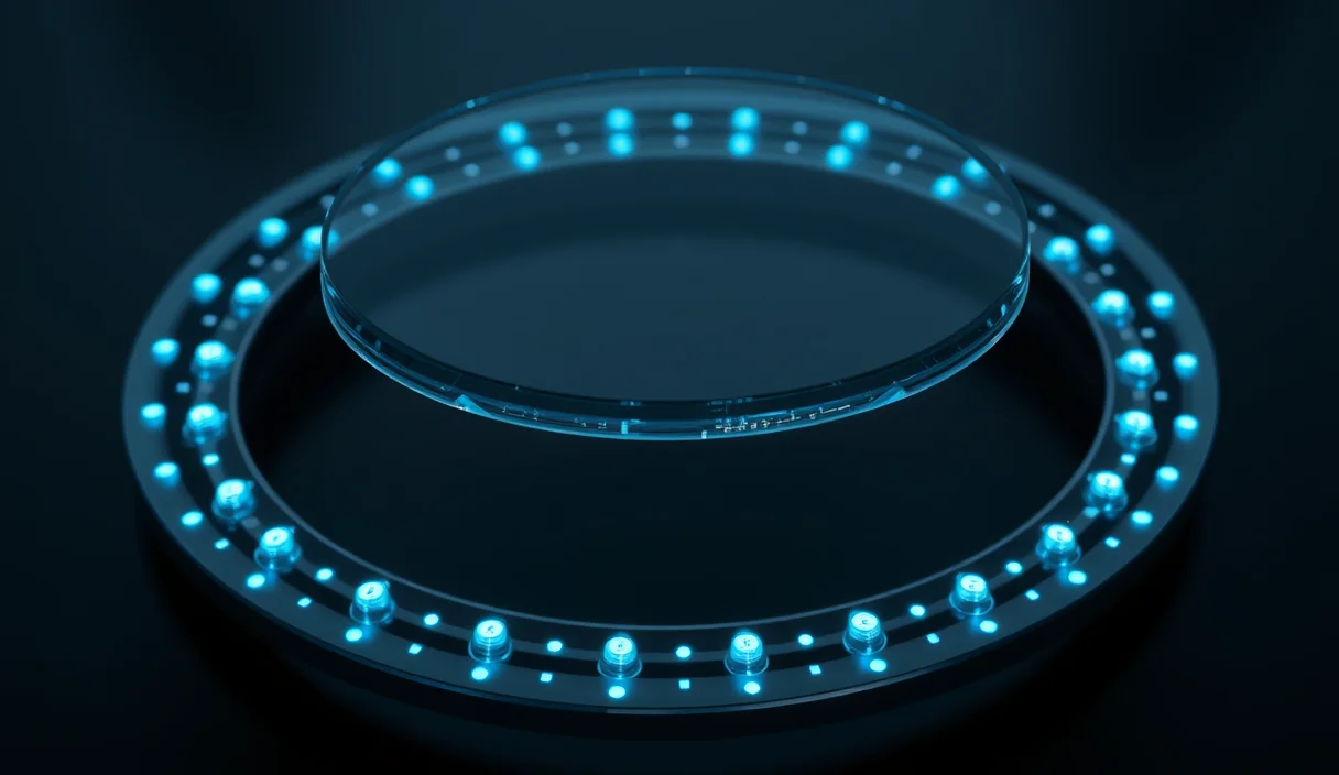 A glass browser panel hovering over a rotating ring of cyan network nodes with motion trails.