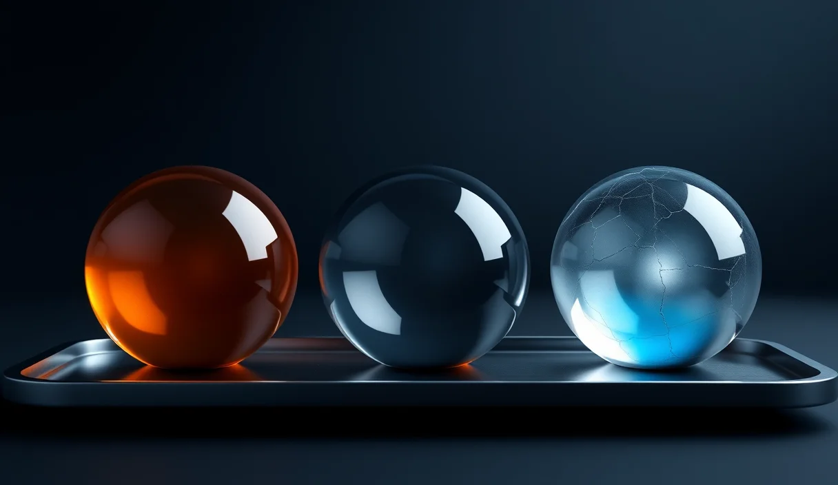 Three glass spheres on a metal tray ranging from flawlessly clear to clouded and cracked.